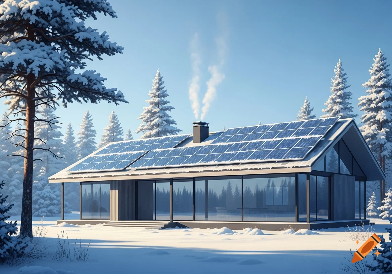 A modern house with a large solar array on the roof, surrounded by snow-covered pine trees under a clear blue winter sky.