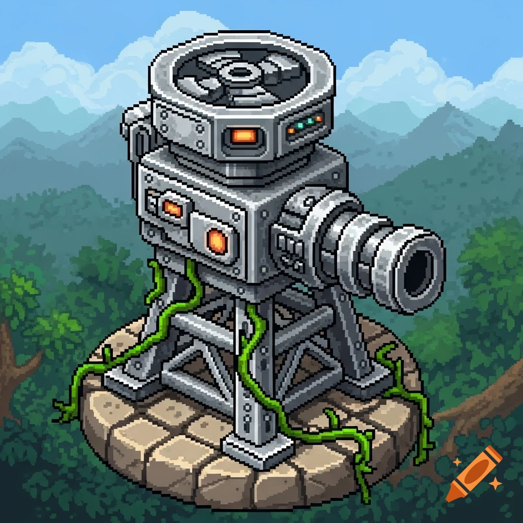 A detailed pixel art turret on a stone base with green vines, set against a background of a pixelated forest and distant mountains.