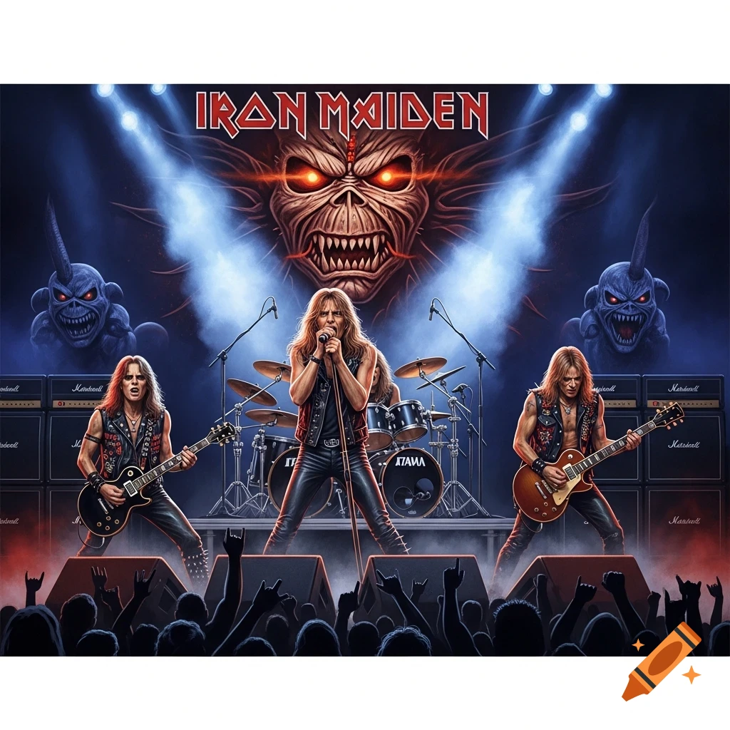 A heavy metal band performs on stage with their monster mascot, Eddie, depicted largely in the background, to a cheering crowd.