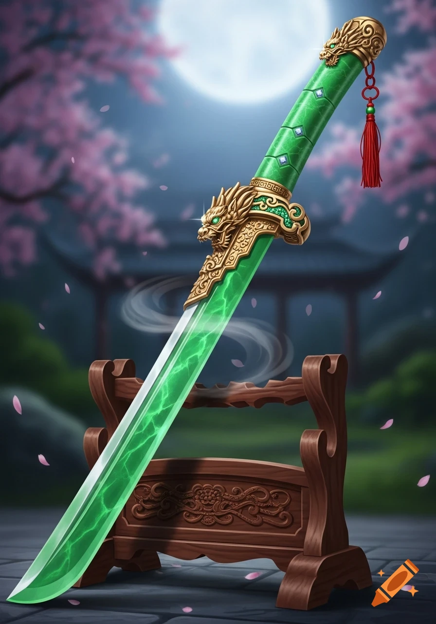 A glowing green jade katana with a golden dragon hilt rests on a wooden display stand. Cherry blossoms bloom under a full moon.