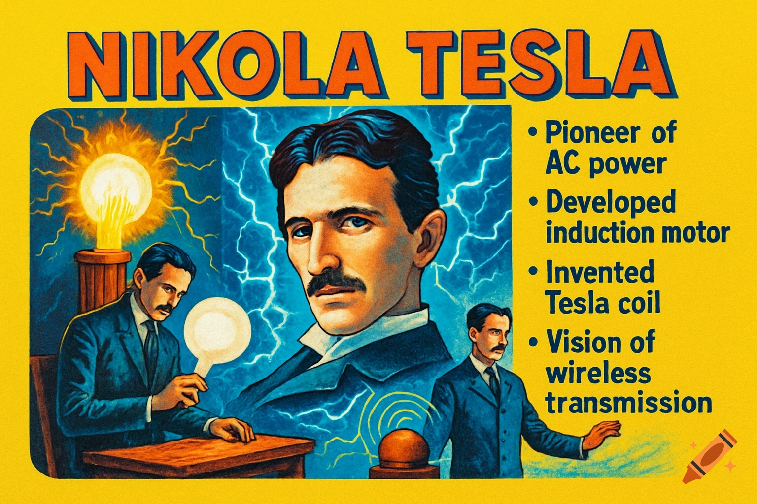 A retro-style yellow school poster featuring Nikola Tesla's portrait, illustrations of him working with electricity, and bullet points listing his accomplishments.