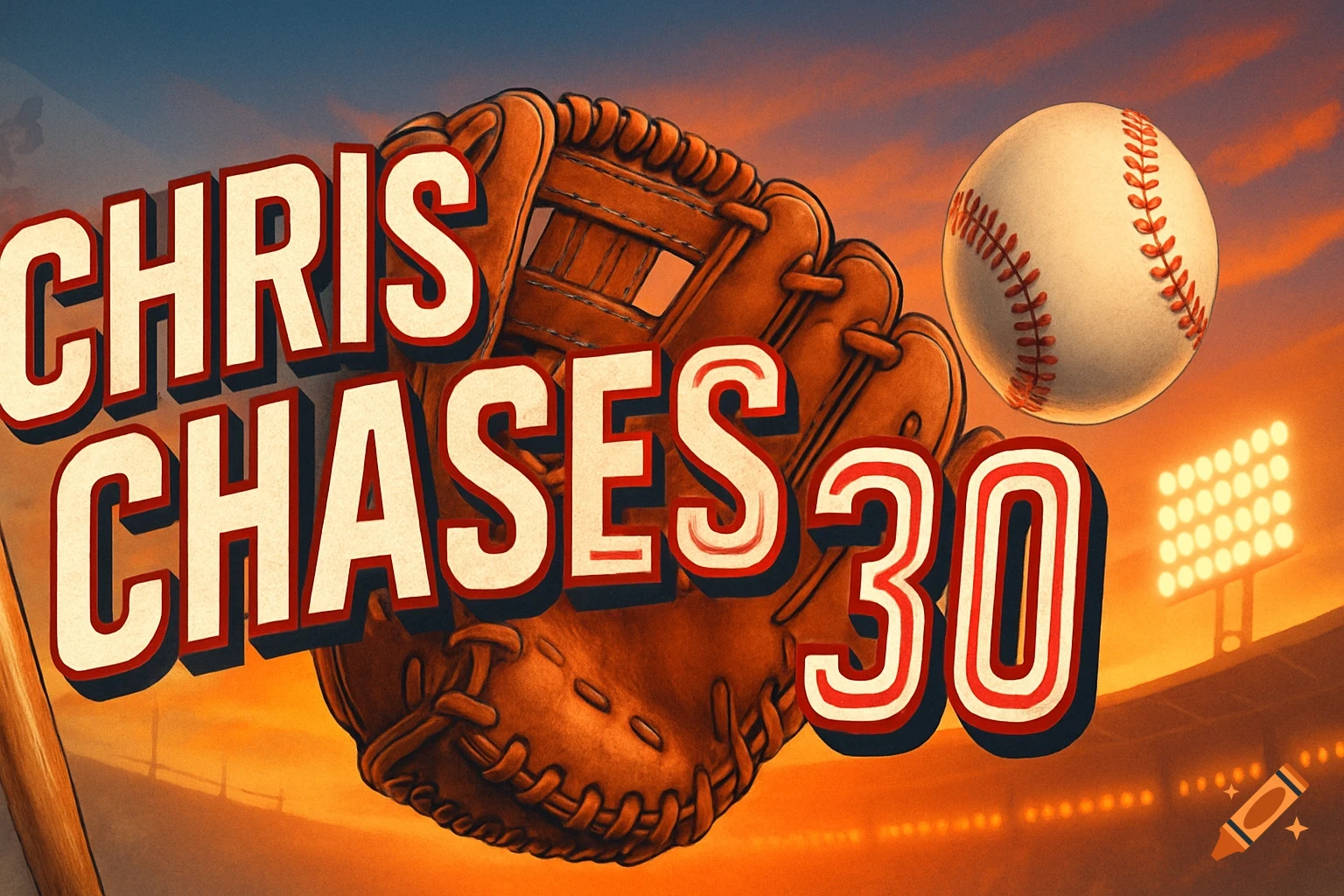 A retro-style image with a baseball glove, a baseball, and stadium lights against an orange and blue sky. The text "CHRIS CHASES 30" is prominently displayed.