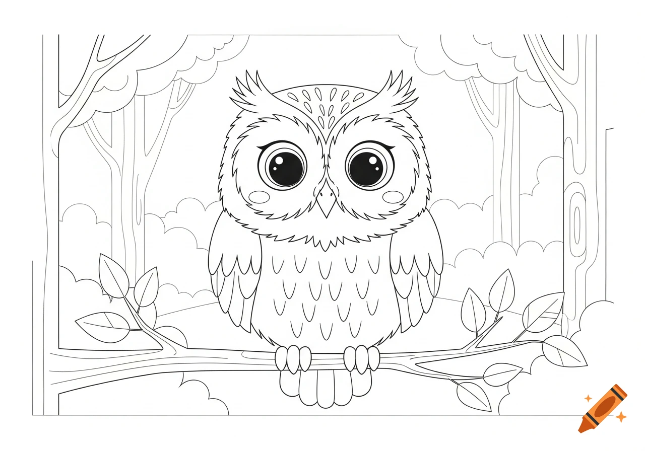 Line art of a cute cartoon owl perched on a branch in a forest, suitable for coloring.