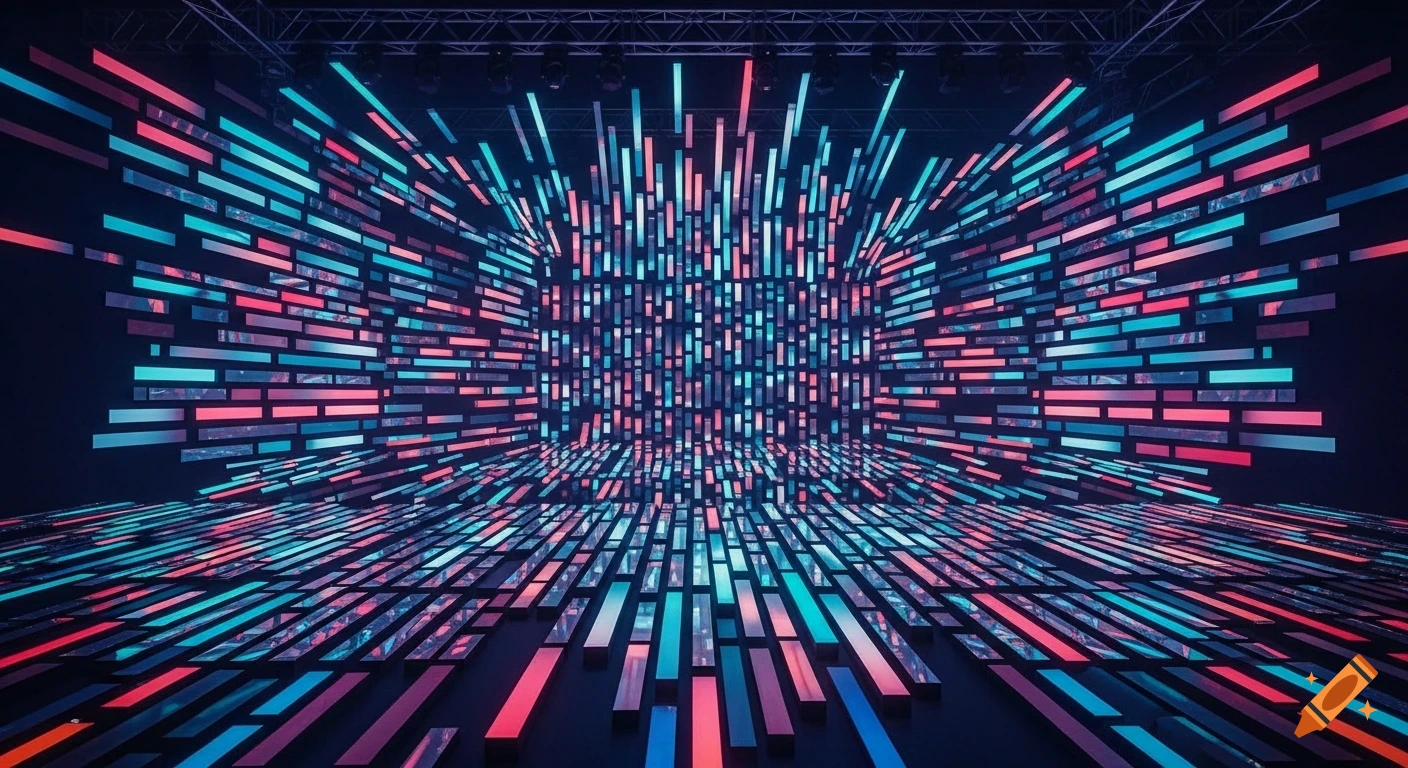 An abstract stage background featuring a dynamic pattern of glowing red and blue rectangular light bars extending into the distance.