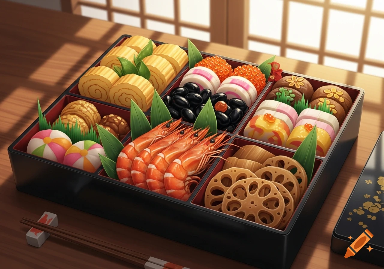 A detailed illustration of a black bento box filled with traditional Japanese Osechi Ryori, featuring shrimp, omelets, and lotus root.