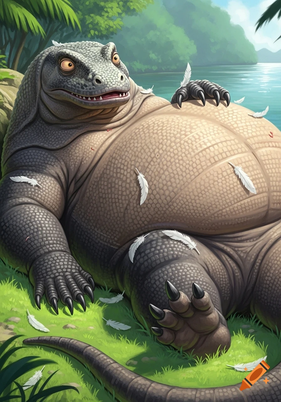 A large, cartoonish, fat Komodo dragon with crossed eyes grins while lying on its back on a grassy riverbank, covered in white feathers.