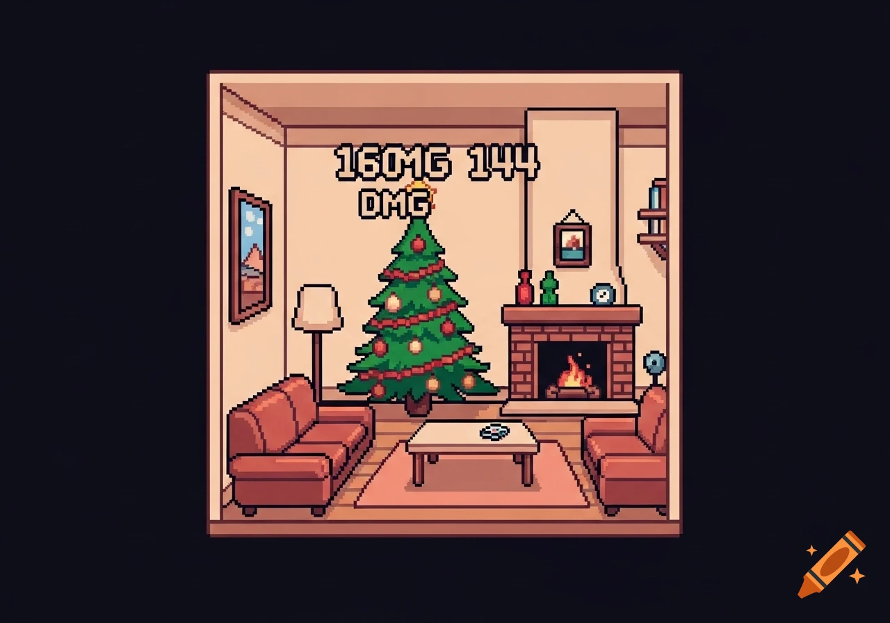 A pixel art image in a Game Boy style showing a cozy living room with a decorated Christmas tree, a fireplace, two sofas, and a coffee table.