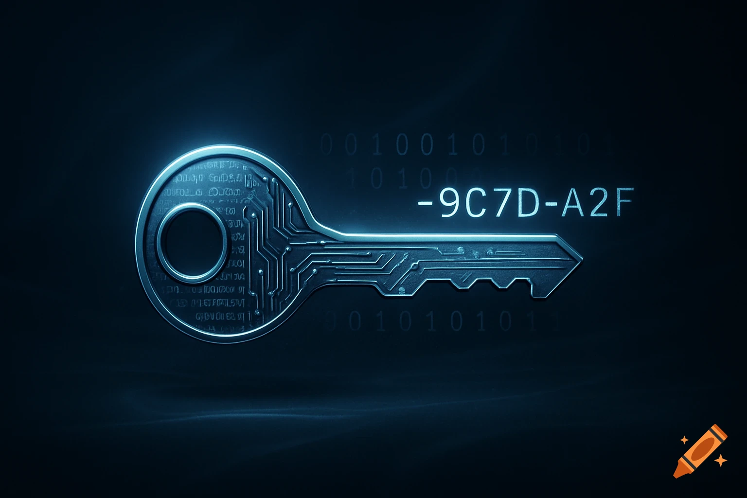 A glowing blue digital key with circuit board patterns and alphanumeric code on a dark background with binary digits.