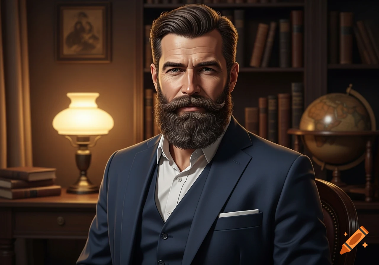 A photorealistic portrait of a well-groomed man with a beard in a dark suit, sitting in a study with a lamp and books.