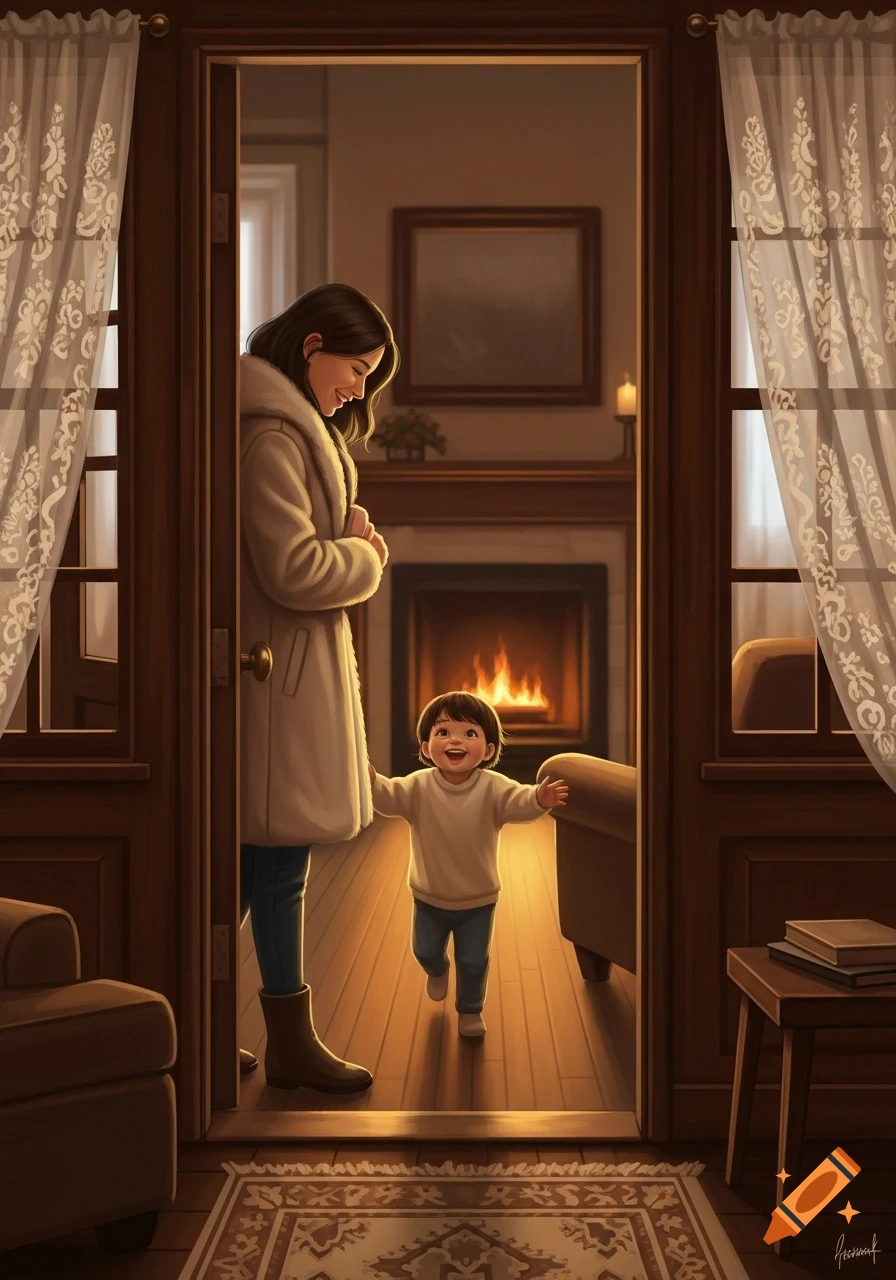 A smiling mother stands in a doorway, looking at her joyful child running towards her in a cozy home with a warm fireplace.