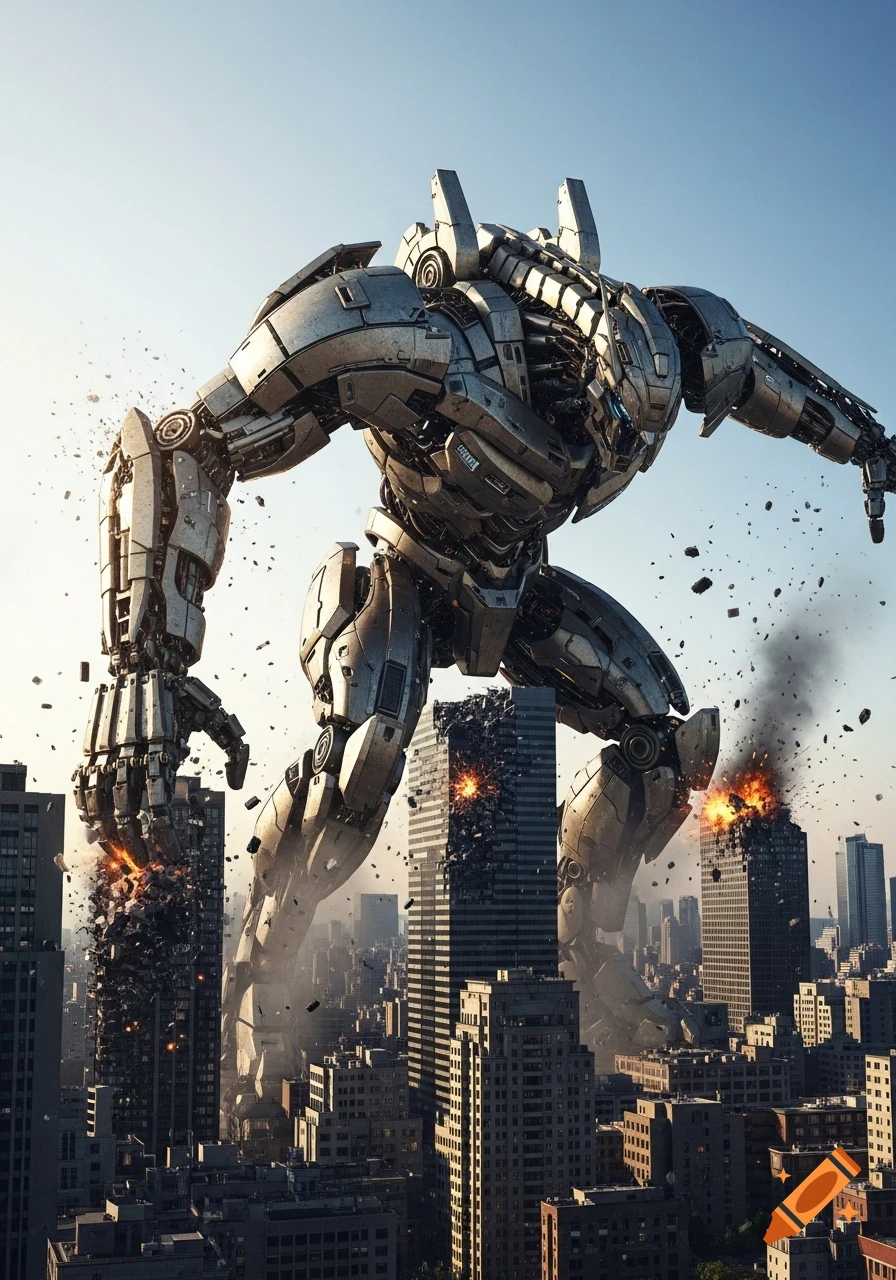 A giant silver robot stands amidst a destroyed city, with buildings exploding and debris flying around its metallic form.