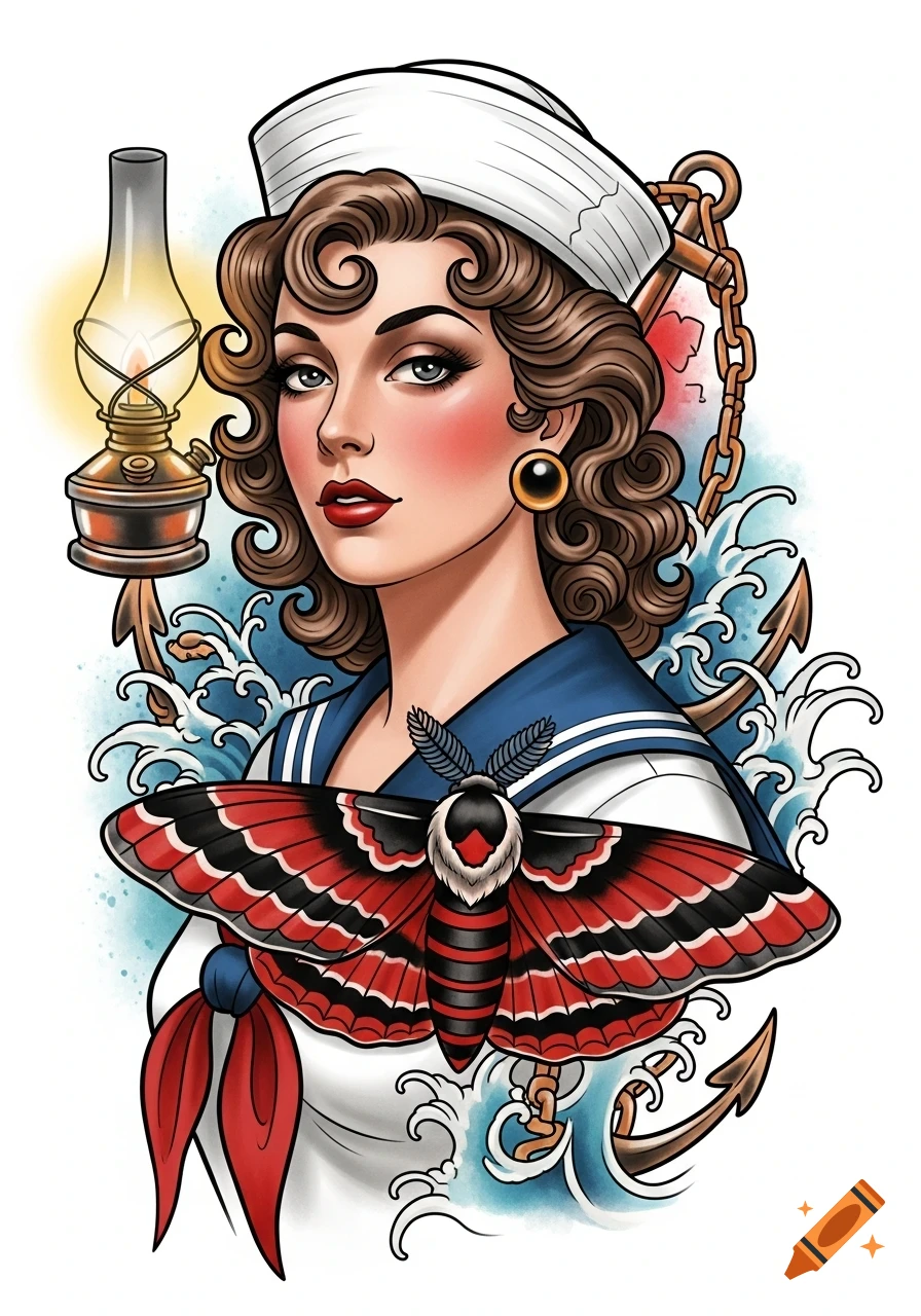 Old-school tattoo design of a pin-up style sailor woman with a large red moth, anchors, a lantern, and waves.