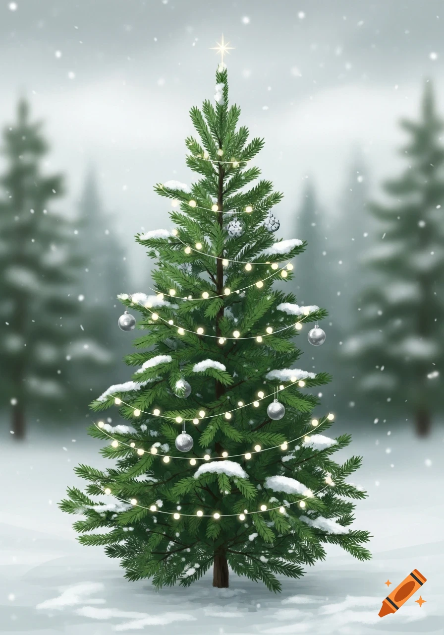 Stylized illustration of a snow-covered Christmas tree with lights and silver ornaments in a snowy forest.