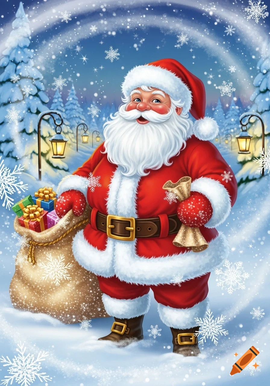 Jovial Santa Claus in red suit holds a gift sack and bell, standing in a snowy winter forest with lanterns and snowflakes. Digital art.