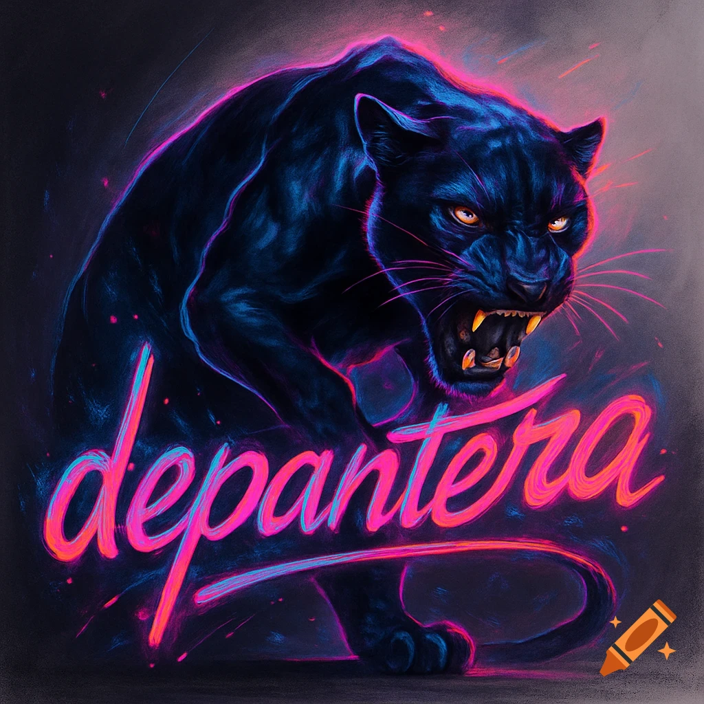 A fierce black panther with glowing neon blue and pink outlines roars, with 'depantera' in glowing pink script.