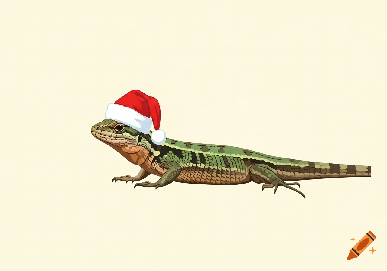 A stylized green and brown lizard wearing a red Santa hat, looking left against a plain beige background.