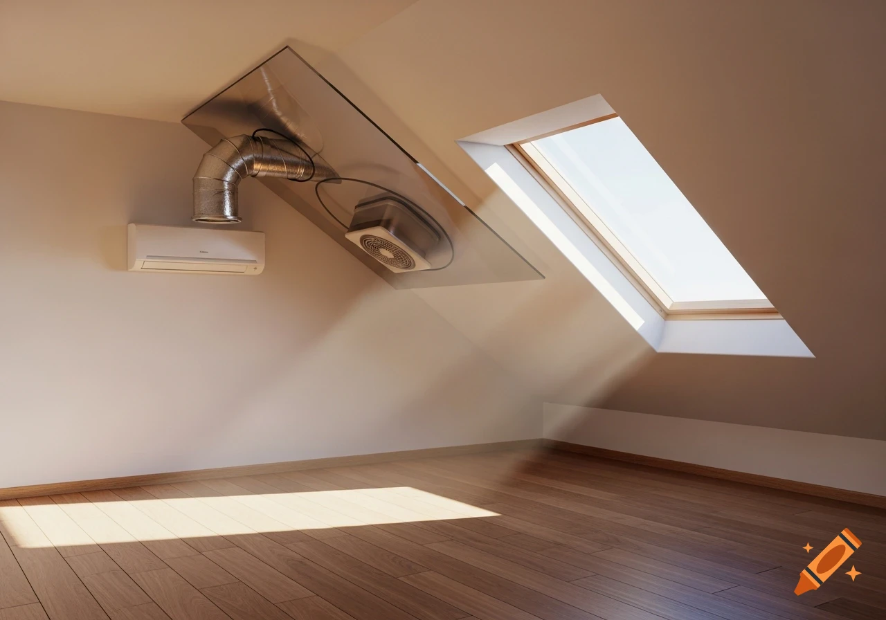 An empty attic room with a sloped ceiling, wooden floor, skylight, AC unit, and an exhaust pipe system on a plexiglass panel.