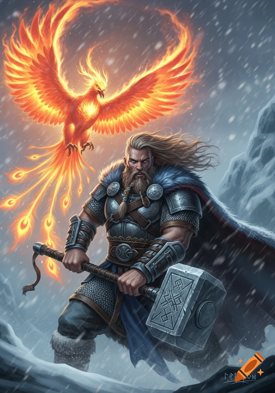 A powerful Viking warrior with a hammer and long hair stands in a snowstorm, with a majestic fiery phoenix soaring behind him.