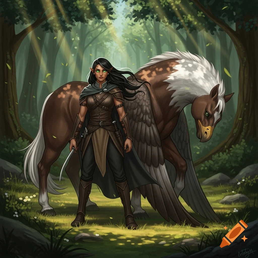 A female elf ranger with a dagger stands next to a brown and white hippogriff in a sunlit forest, digital painting.