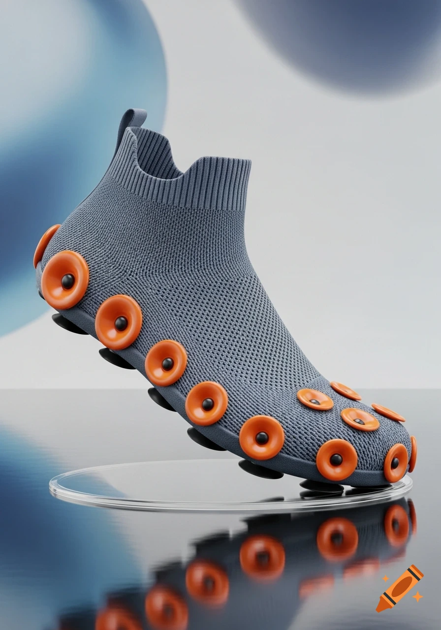 A modern gray knit sock-shoe with numerous orange circular suction cups attached to the sole and sides, displayed on a reflective clear platform.