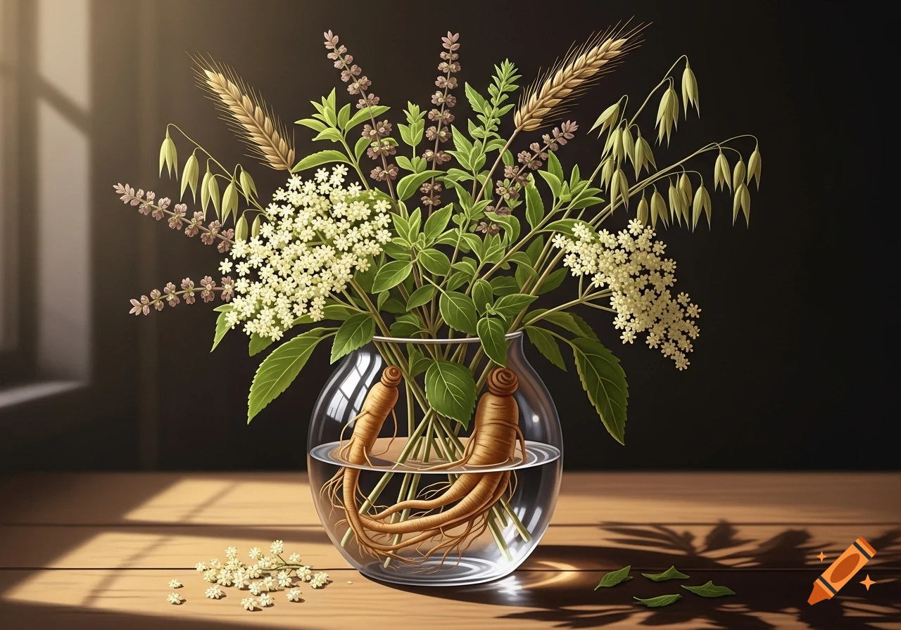 A glass vase on a wooden table filled with ginseng roots, elderberry flowers, tulsi, oats, and wheat stalks, illuminated by sunlight.