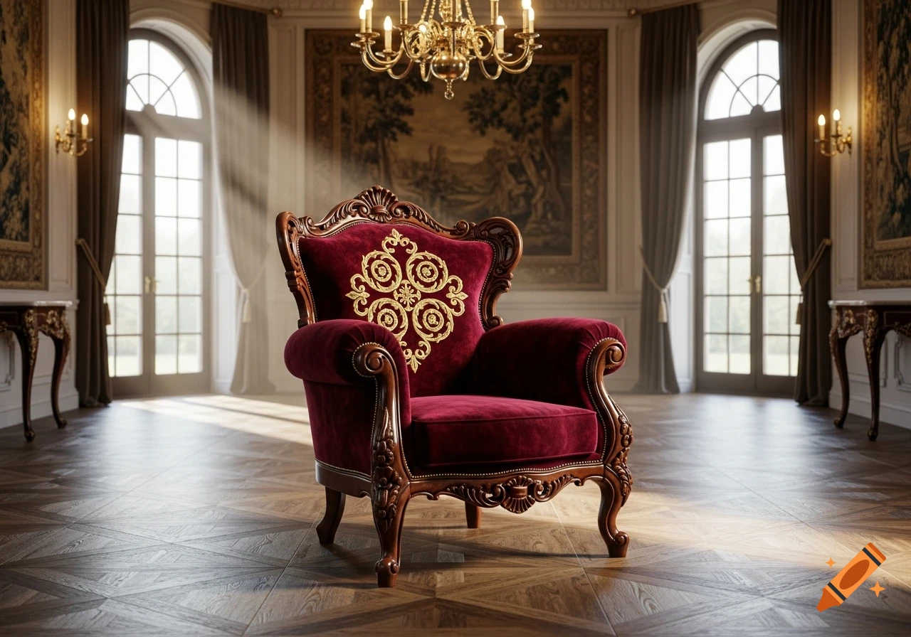 Ornate red velvet armchair with carved wood details in a grand, sunlit ...