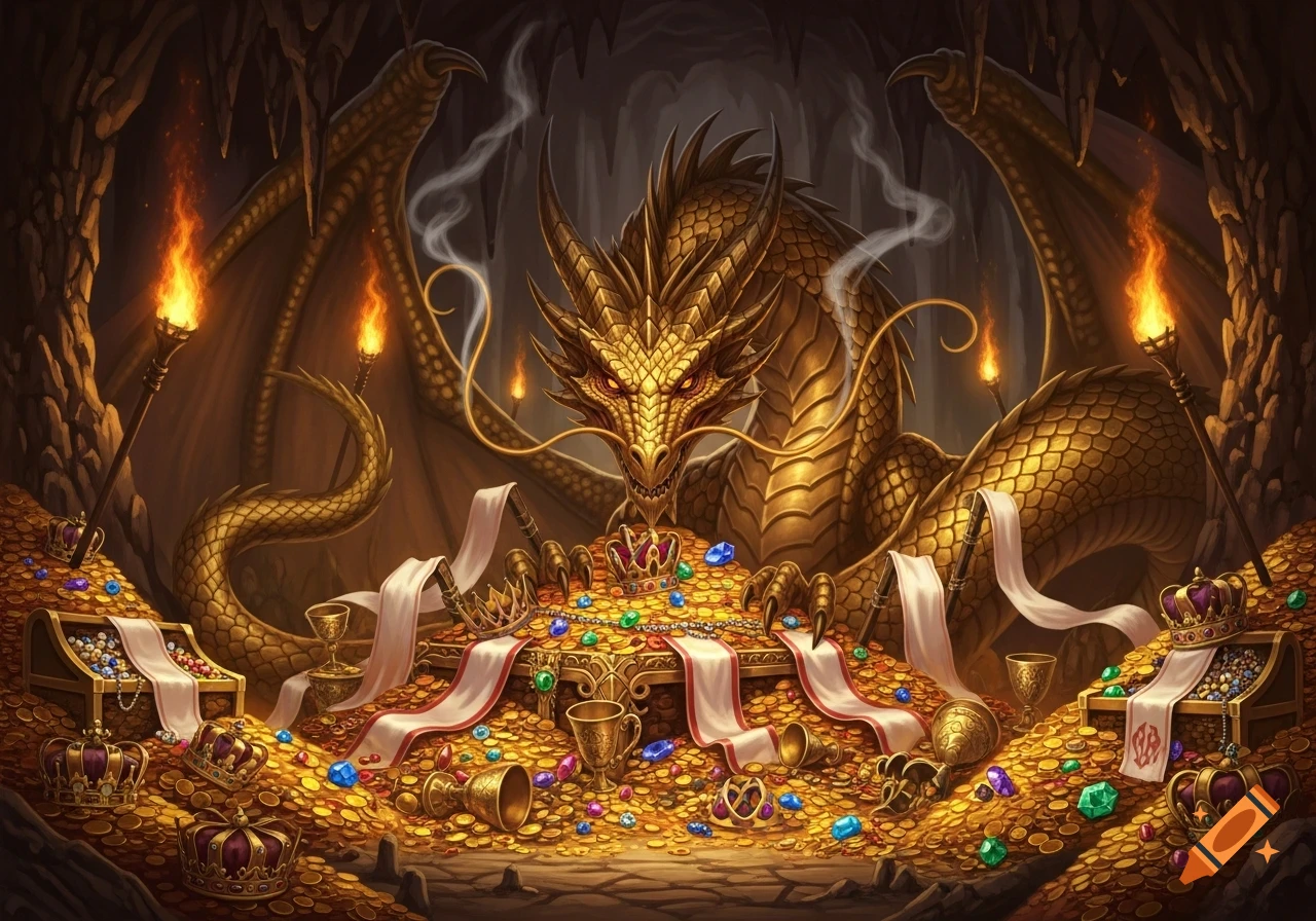 A magnificent golden dragon guards a massive pile of coins, jewels, and crowns in a torchlit cave.