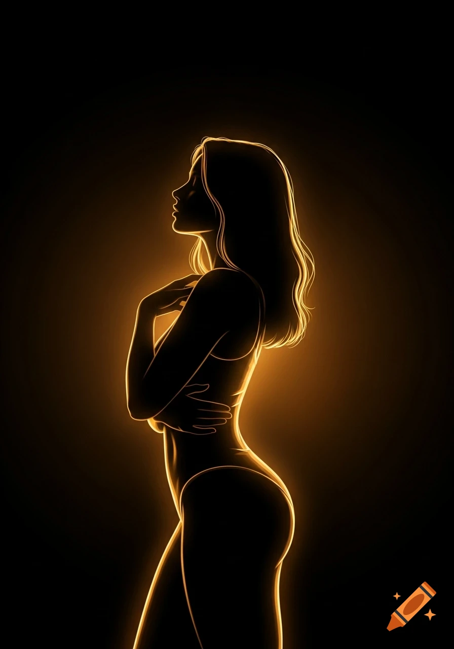 Artistic golden glowing silhouette of a woman in profile against a black background.