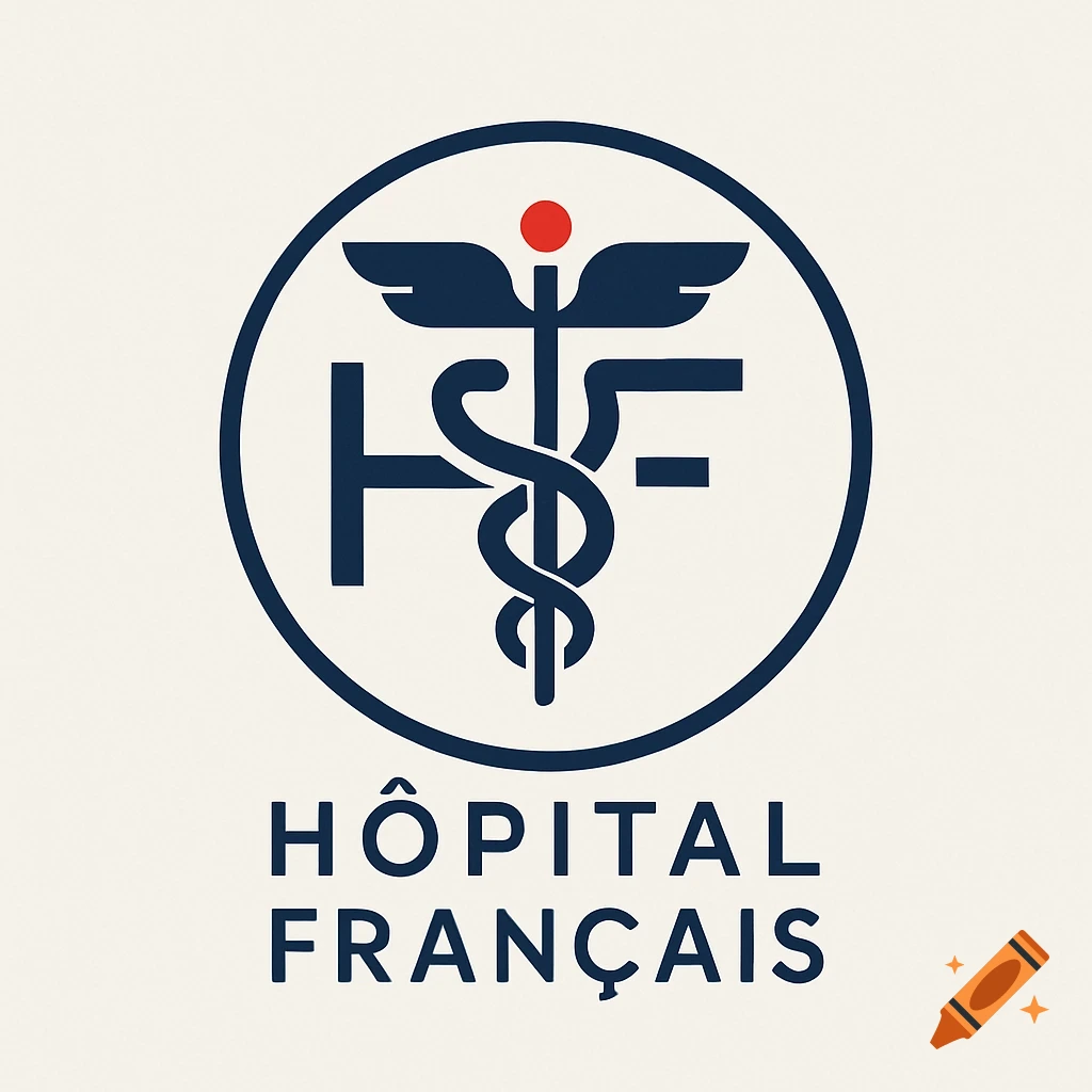 A dark blue and red logo featuring a stylized caduceus with wings and a red dot, intertwined with the letters H and F, all within a circle. Below the circle, the words HÔPITAL FRANÇAIS are written in dark blue.