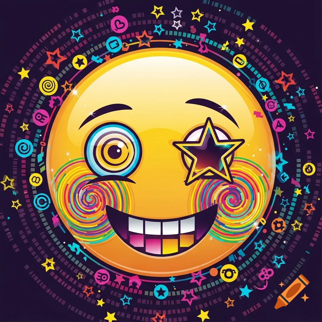 A vibrant, stylized emoji with a dizzying spiral eye and a star eye, smiling with colorful square teeth. It is surrounded by a swirling pattern of colorful stars and abstract symbols on a dark background.