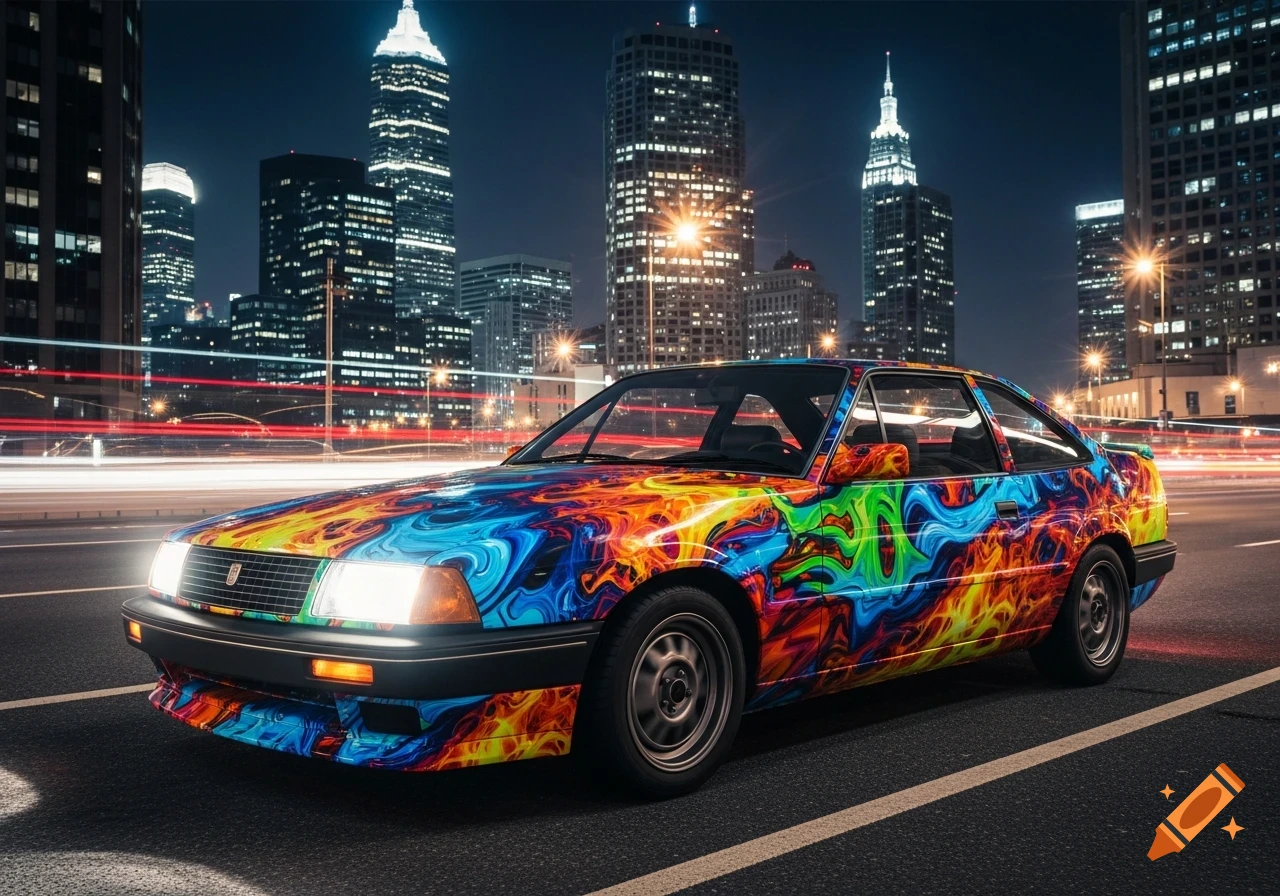 A colorful car with a vibrant, abstract paint job drives through a city at night, with blurred light trails in the background.