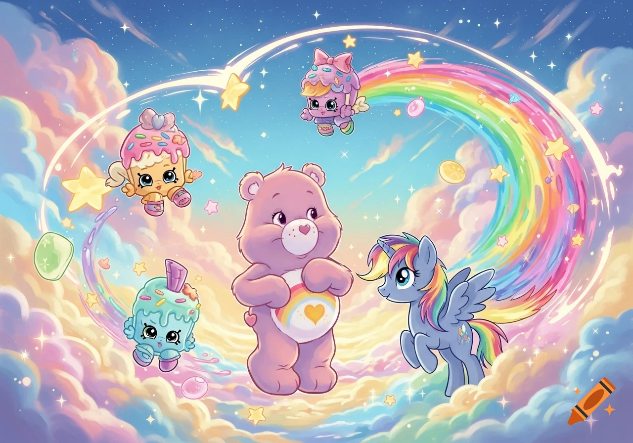 A Dreamcore scene with a pink Care Bear, a grey My Little Pony-style pegasus, and three Shopkins-like characters floating among pastel clouds, stars, and a rainbow.