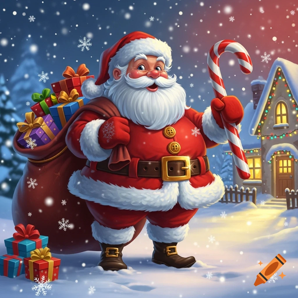 A jolly Santa Claus in a snowy scene holding a giant candy cane, with a sack of gifts and a decorated house in the background.