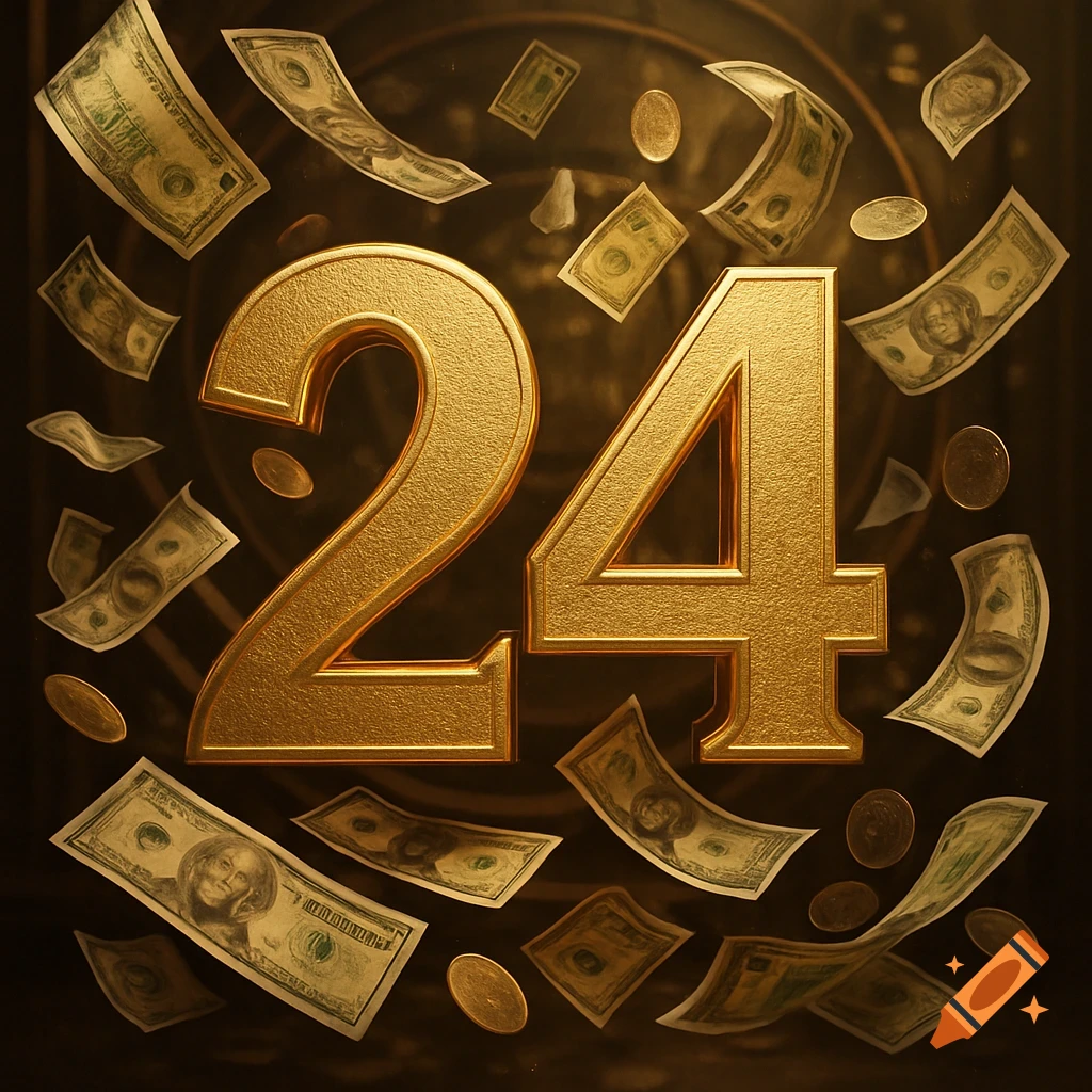 Golden textured numbers "24" centered, surrounded by scattered and falling US dollar bills and coins on a dark, reflective background.