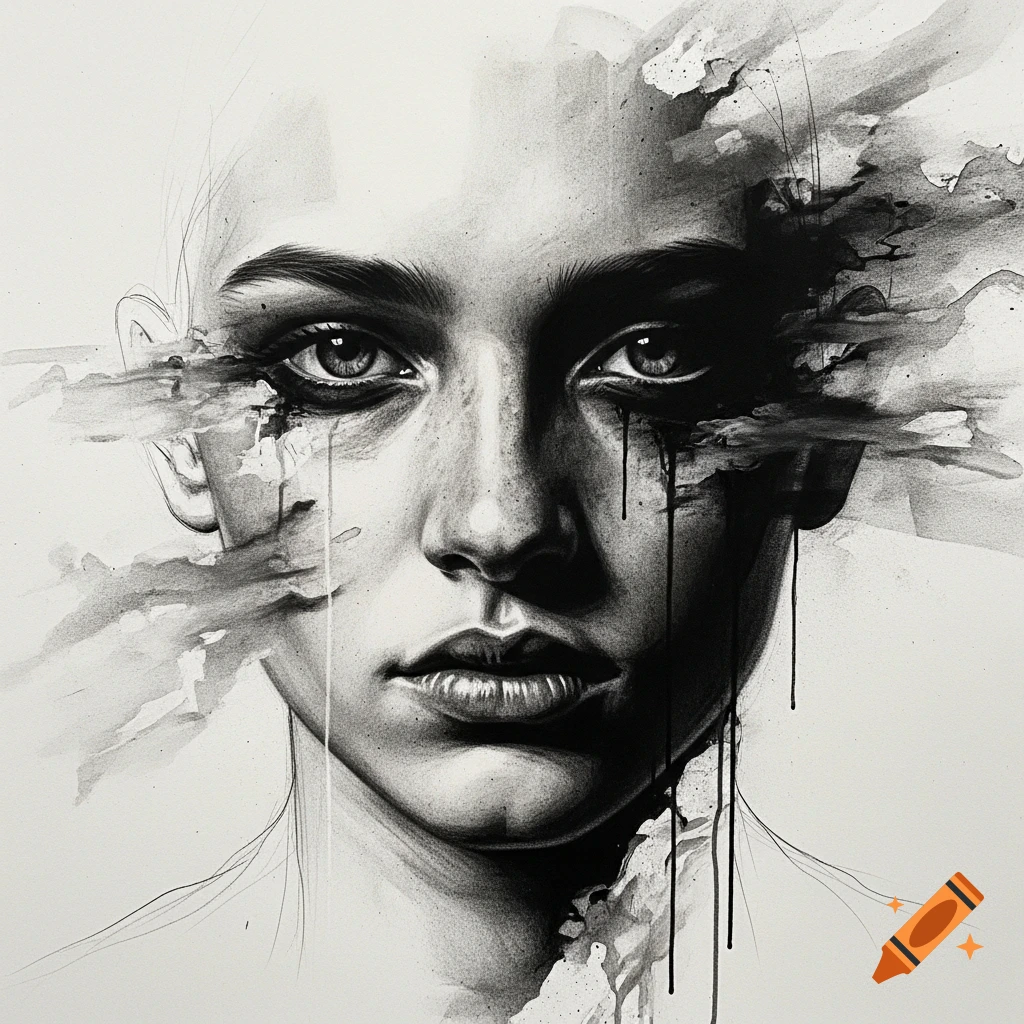 Close-up black and white charcoal sketch of a woman's face with ink drips and abstract smudges on a white background.