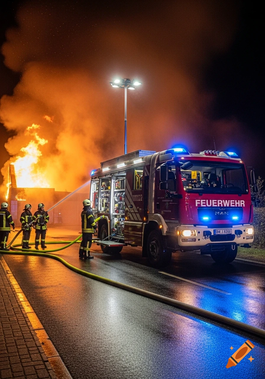 Photorealistic night scene: Firefighters battle a large blaze next to a red German fire truck with blue lights on a wet street.