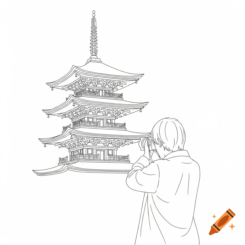 Minimalist line art drawing of a person photographing a traditional Japanese pagoda tower.