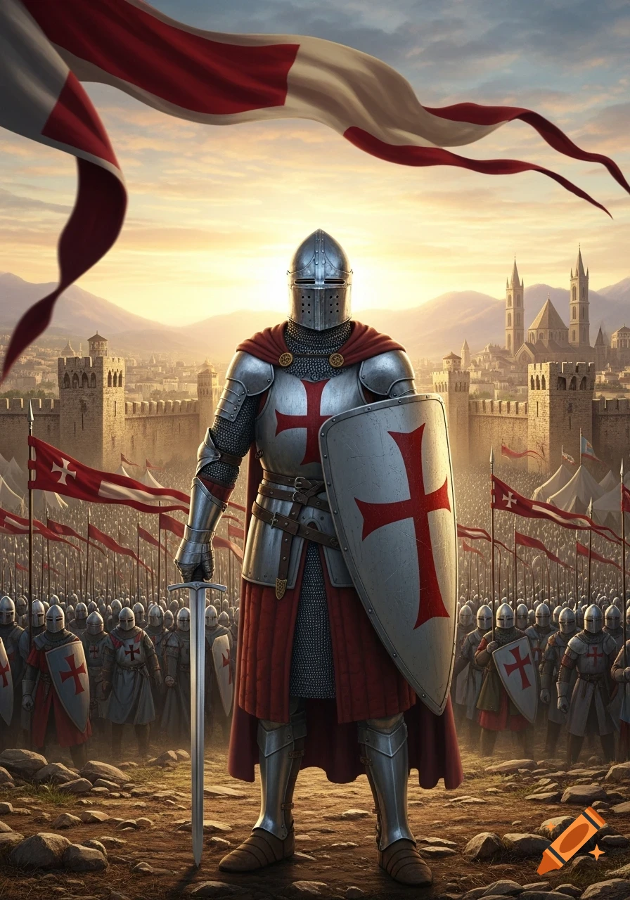 A knight in full armor, holding a sword and shield with a red cross, stands before a medieval city and army at sunset.