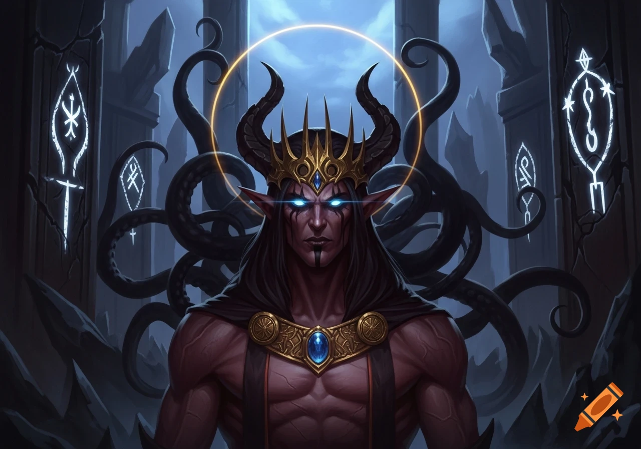 An ancient, handsome crowned demon with glowing blue eyes and a strong jaw, surrounded by dark tentacles, stands in a ruin.