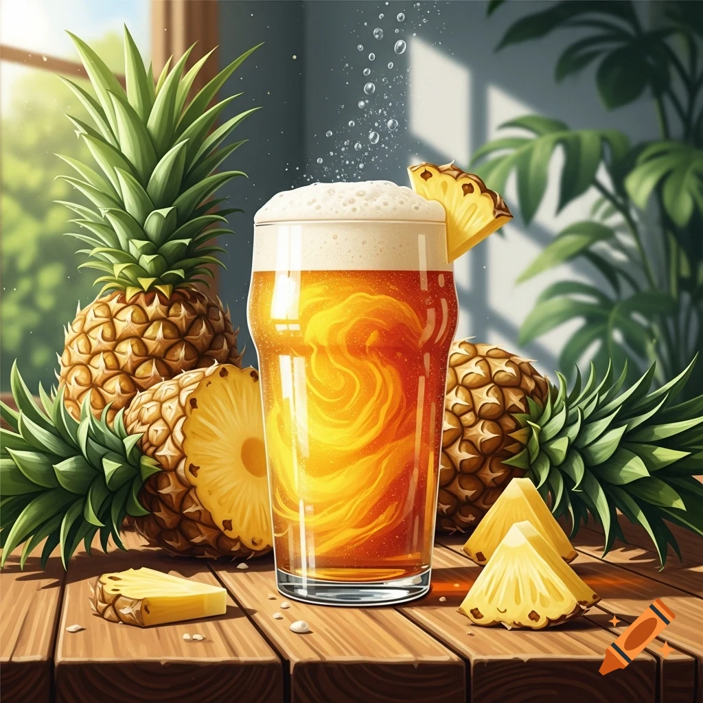 A glass of foamy pineapple hazy IPA with whole and sliced pineapples on a wooden table, in a sunlit room.