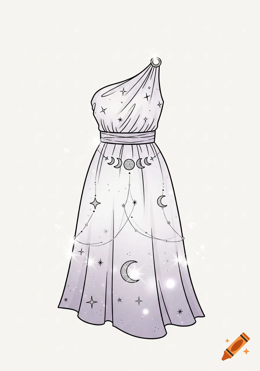 A light purple one-shoulder dress with silver glittery moon and star celestial designs, in an illustration style.