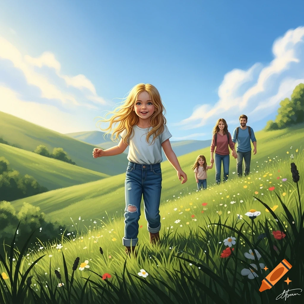 An illustrated family, with a blonde girl in the foreground, hikes uphill through a vibrant green, sunny field with wildflowers.