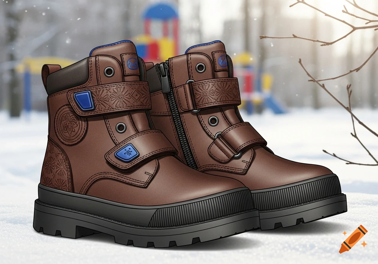 A pair of brown children's winter boots with blue accents and patterned straps stand in fresh snow, with a blurred colorful playground in the background, in a stylized illustration.