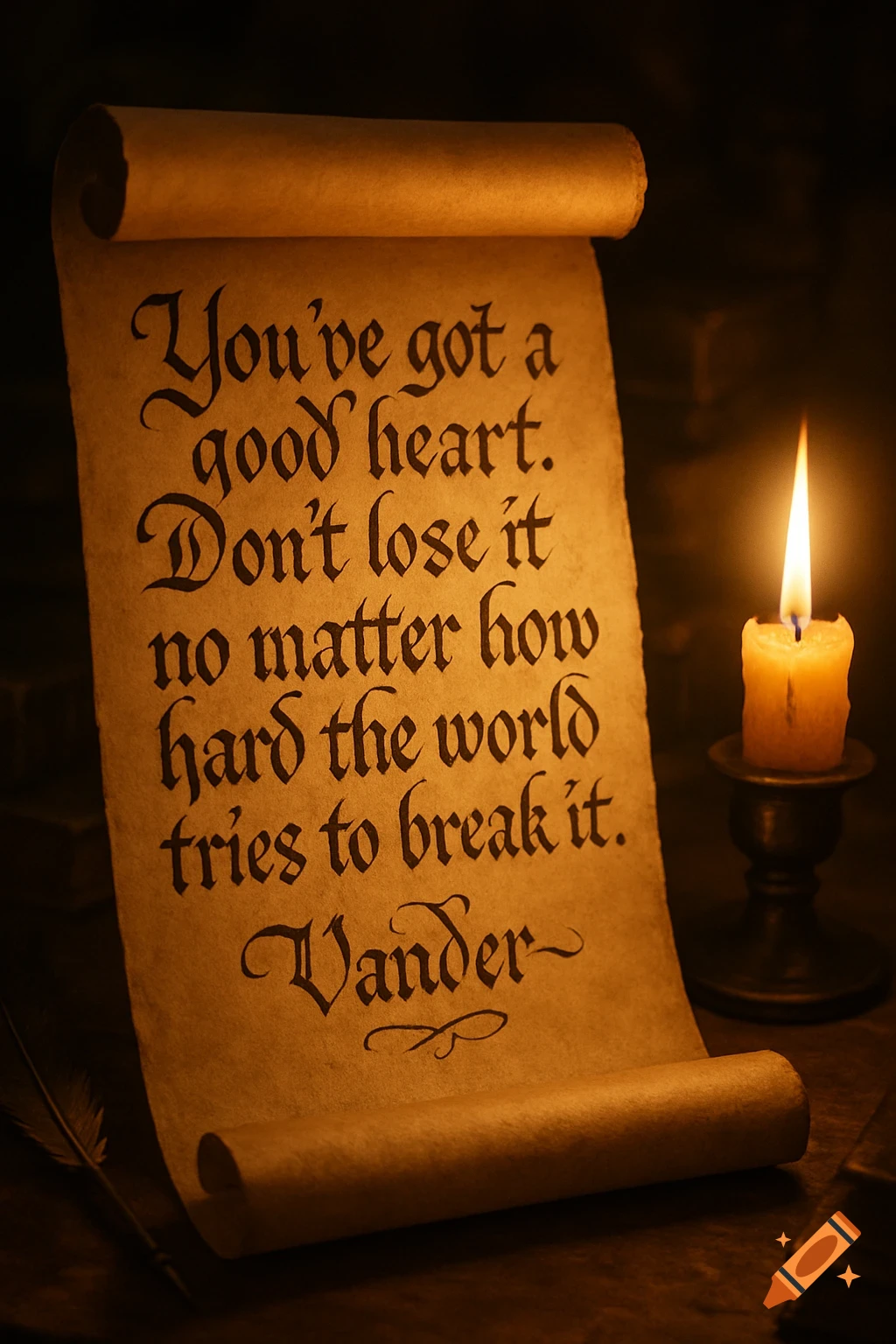 An old, rolled-up parchment scroll with an inspirational quote in calligraphy, illuminated by a flickering candle. A feather quill is nearby.