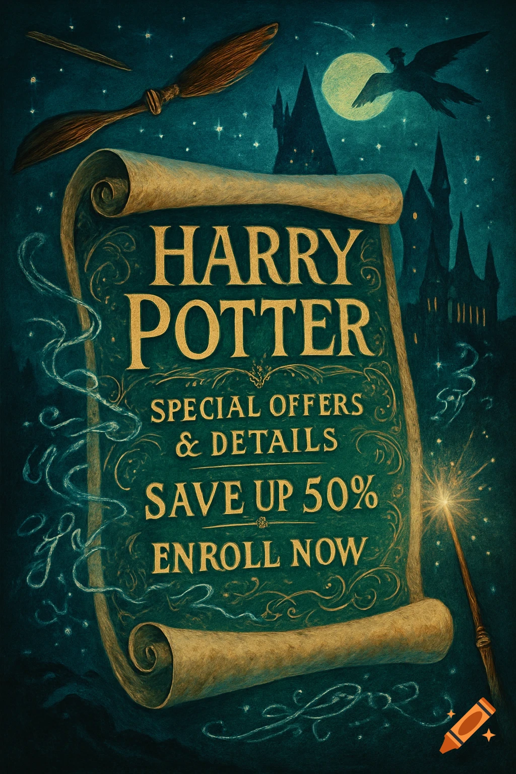 A vintage-style Harry Potter advertising poster featuring a scroll with golden text, set against a dark teal background with Hogwarts castle, a broom, a glowing wand, and a full moon.