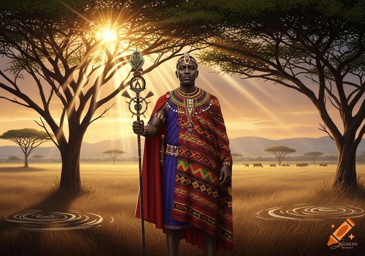 A regal man in traditional African attire holds an ornate staff in a sun-drenched savanna with acacia trees and grazing animals.