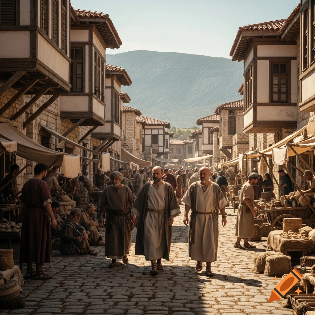 A busy, sunny, photorealistic ancient city street lined with traditional houses and market stalls, with many people in historical attire.