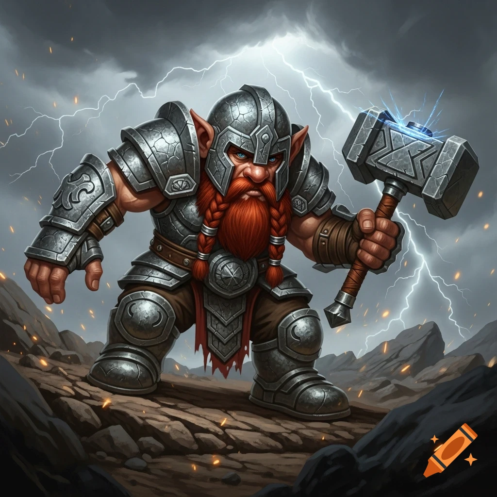 An armored fantasy dwarf barbarian with a red braided beard holds a glowing hammer under a stormy, lightning-filled sky.