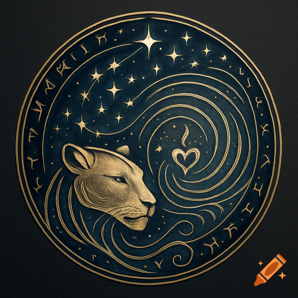 A circular golden and dark blue glyph features a stylized lioness head, stars, swirling patterns, a heart, and decorative runes around the border.
