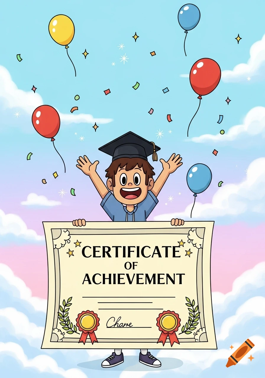 A happy cartoon boy in a graduation cap holds a 'Certificate of Achievement' as balloons and confetti fall around him in a blue sky.